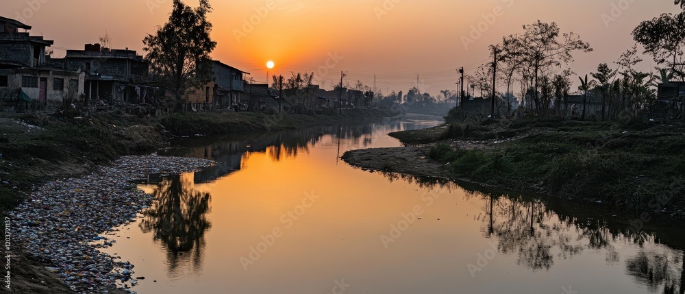 Obraz premium Golden Sunrise over a Rural Village and River with Reflections.
