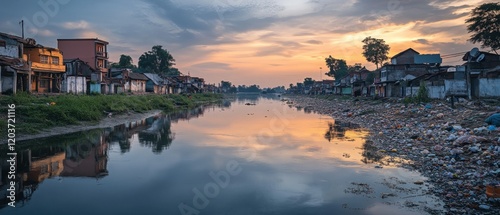 Serene Sunrise Over Polluted River and Shantytown Reflecting in Calm Waters. photo