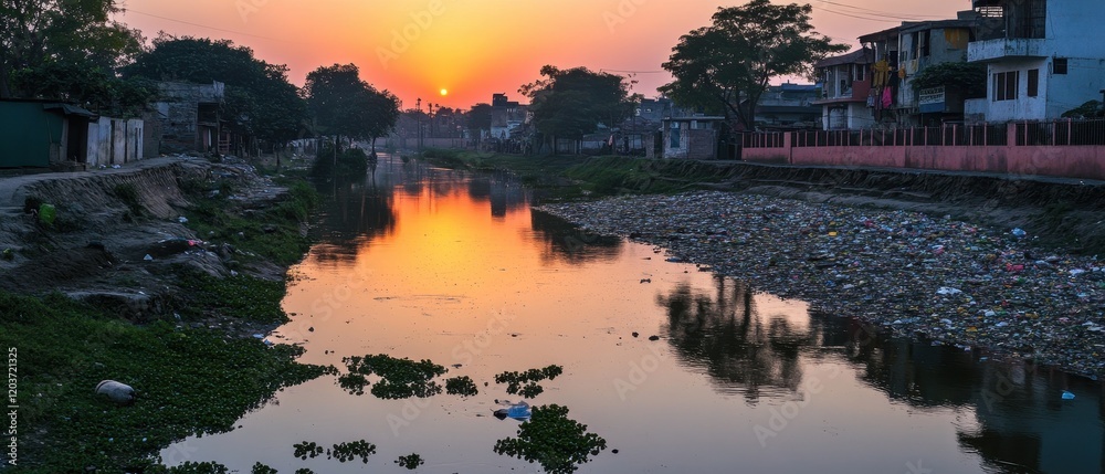 Obraz premium Sunrise Over Polluted River in Rural Setting with Reflections and Garbage.