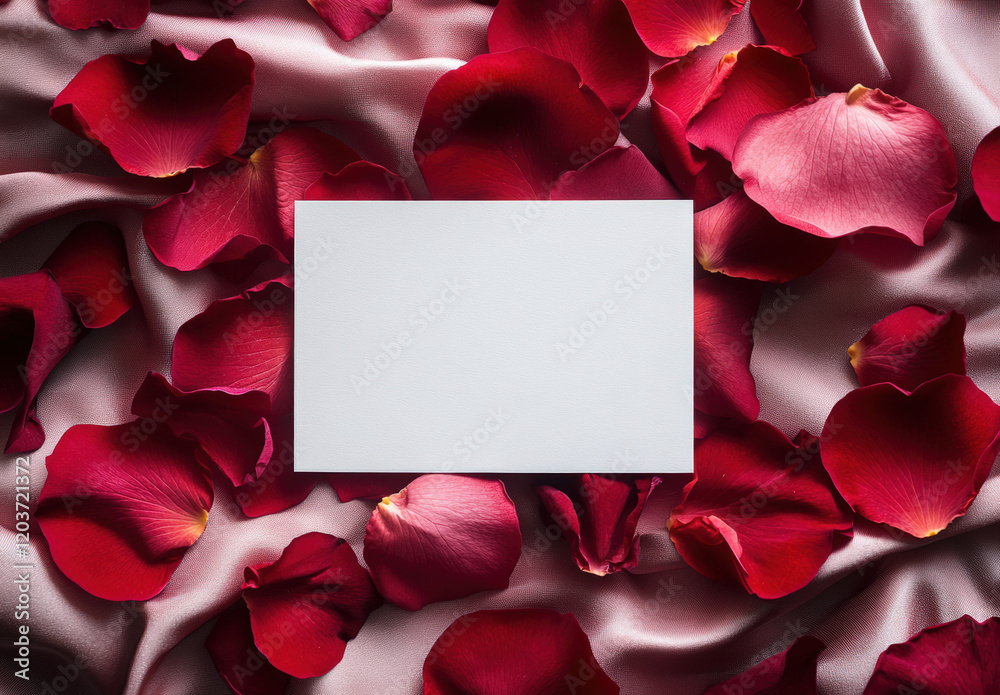Red Rose Petals with Blank Card on Silk Background Red Rose Petals with Blank Card on Silk Background
