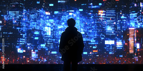 Man's Silhouette Against the Backdrop of a Digital City