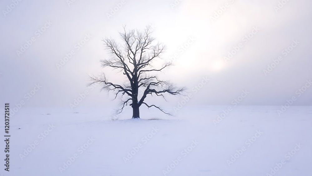 Snowy Winter Field with a Lone Bare Tree Snowy Winter Field with a Lone Bare Tree