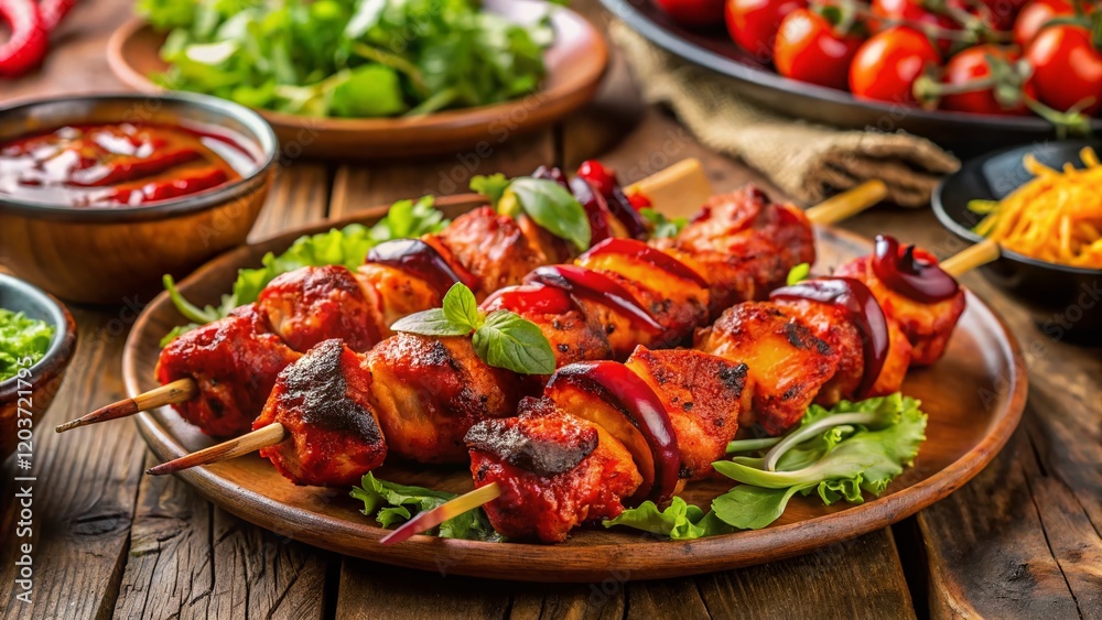 Grilled Chicken Tangri Kebab with Red Sauce and Salad - Delicious Indian Food Grilled Chicken Tangri Kebab with Red Sauce and Salad - Delicious Indian Food