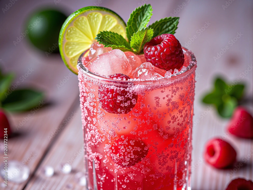 Raspberry mojito cocktail with lime, mint and ice, cold, iced refreshing drink or beverage
Raspberry mojito cocktail with lime, mint and ice, cold, iced refreshing drink or beverage