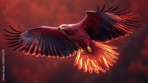 Fiery Flight: A majestic eagle soars through a fiery sky, its wings ablaze with a vibrant inferno. The eagle’s powerful flight evokes strength, determination, and the triumph over adversity.  