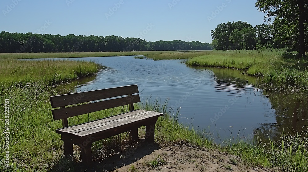 Serene park bench by calm river, lush green vegetation, sunny day. Serene park bench by calm river, lush green vegetation, sunny day.