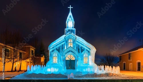 an elaborate ice sculpture of a church stands atop the front yard illuminated by warm lights photo