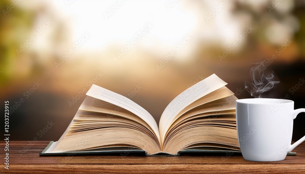 Naklejka premium coffee mug and open book on wooden table with copy space
