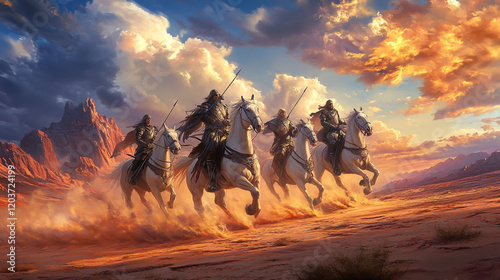 The Four Horsemen of the Apocalypse Riding Across a Vast Desert Landscape