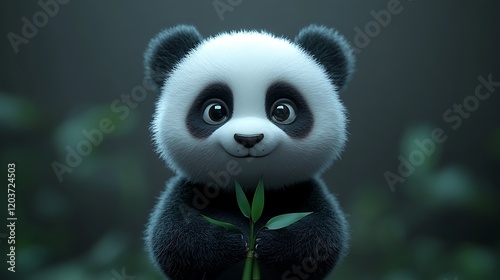 Adorable Panda Cub: A cute and cuddly cartoon panda cub holds a sprig of bamboo, its big, bright eyes staring directly at the viewer with an irresistible charm.