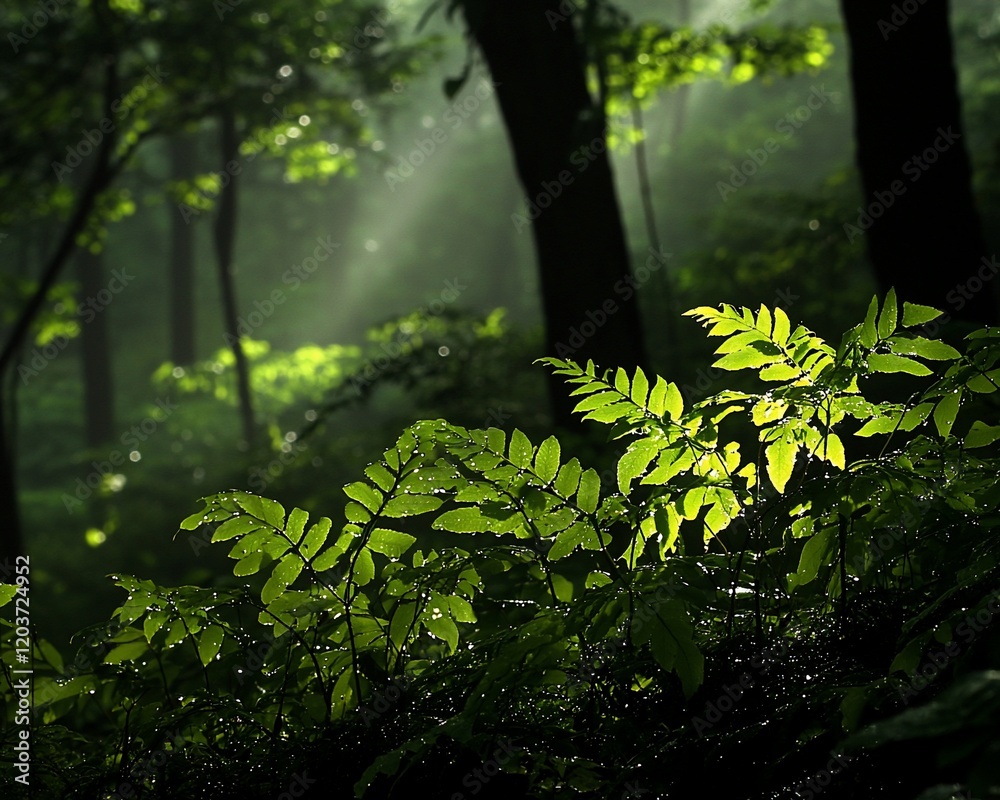 Fototapeta premium Sunbeams illuminate lush green ferns in a misty forest.