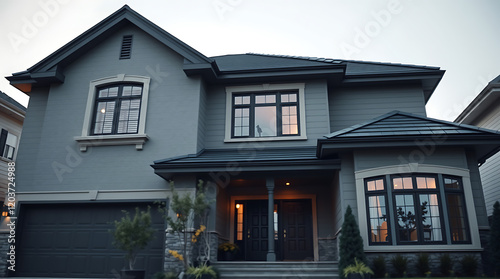 Luxury Modern Home Exterior: Gray Facade, Contemporary Design, and Evening Ambiance
