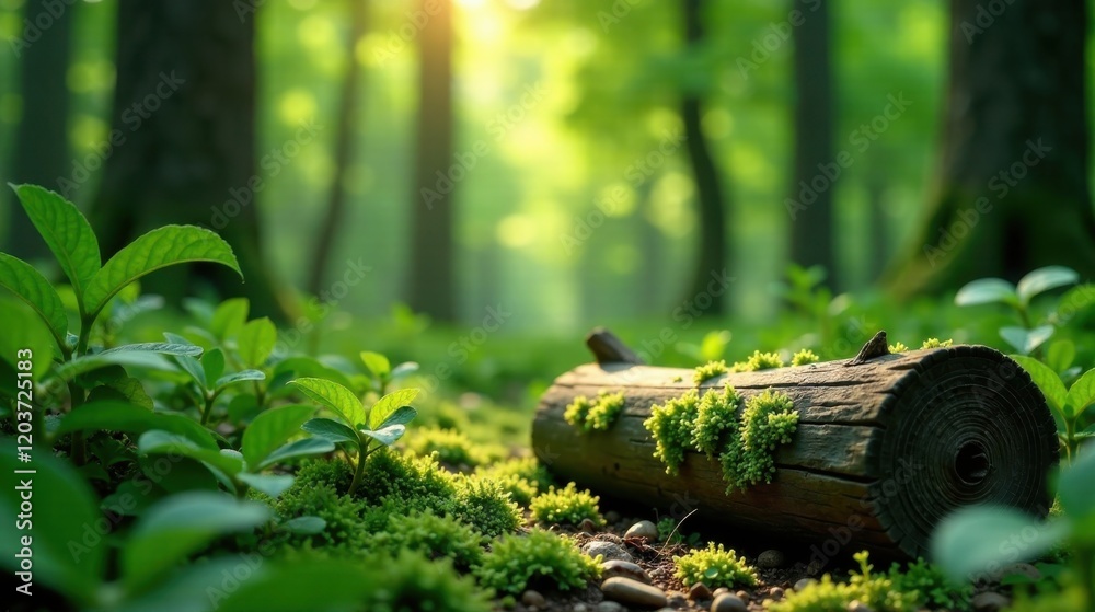Serene Woodland Scene Sunlit Log, Mossy Ground, and Vibrant Green Foliage in a Peaceful Forest Serene Woodland Scene Sunlit Log, Mossy Ground, and Vibrant Green Foliage in a Peaceful Forest