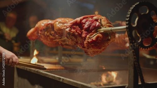 A large piece of meat is being cooked on a spit. The meat is being cooked over an open flame, and the smoke from the fire is rising up into the air. The scene is lively and energetic