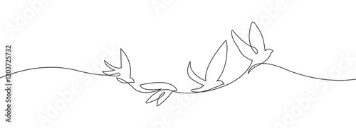Birds Flying Together. Birds Group Flying Simple Black One Line Silhouette on White Background. Concept for Minimalist Design. Vector Illustration