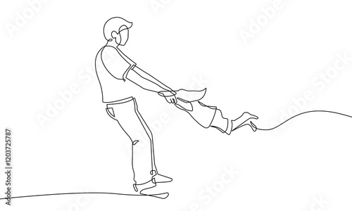 Father with Child One Line Vector Illustration. Continuous Single Line Drawing of Daddy with Daughter. Happy Father`s Day Card with Hand Drawn Contour Silhouettes Outline Style