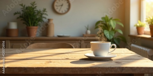 Wallpaper Mural Aromatic steam rises from a warm beverage in a white cup, resting on a rustic wooden table bathed in sunlight, surrounded by indoor plants Torontodigital.ca