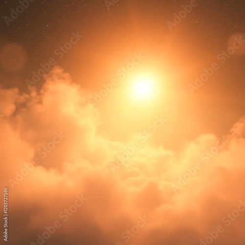 Bright sun shining through orange clouds.