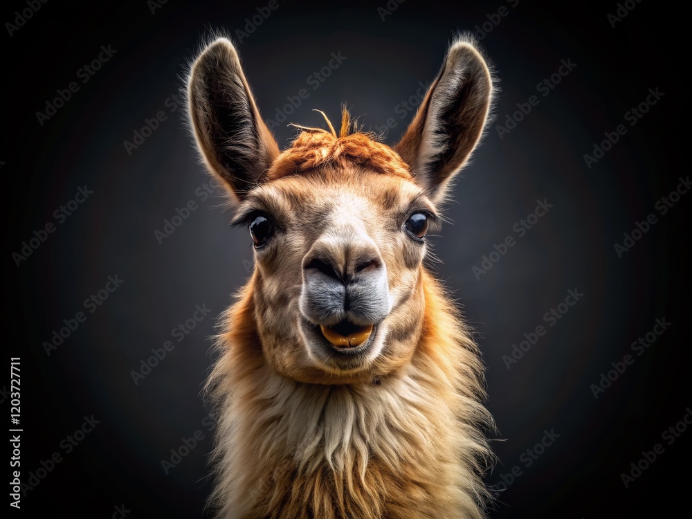 Fototapeta premium Happy Llama Portrait: Studio Shot with Key Light, Black Background