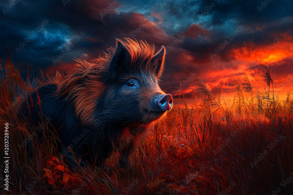 Naklejka premium Whimsical Illustration of a Piglet with Flowers and a Charming Outfit, Highlighting Playful Creativity and Cheerful Design