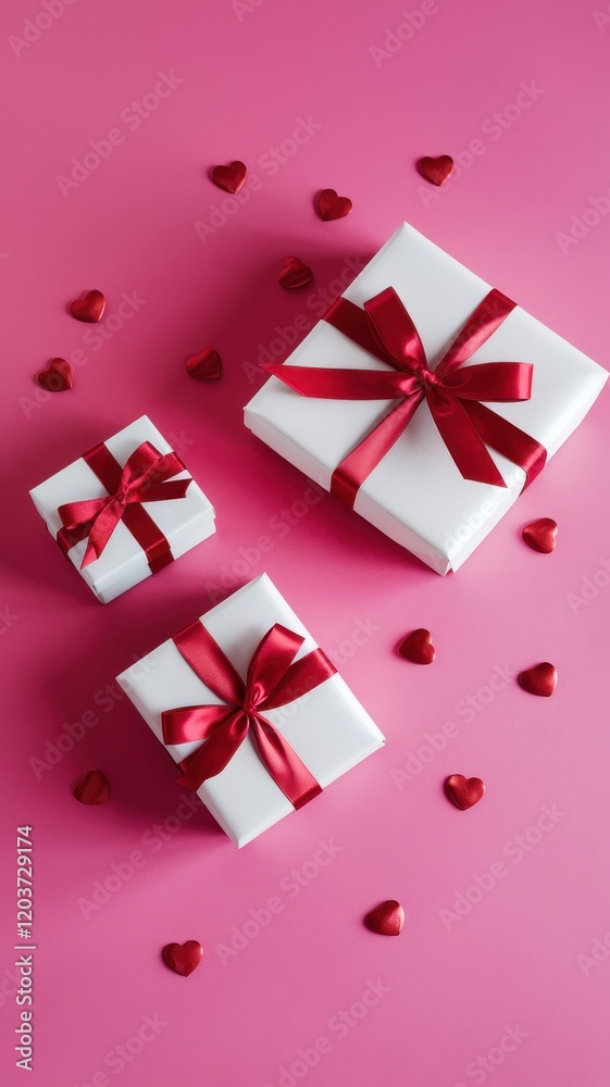 Three white boxes with red ribbons on top Three white boxes with red ribbons on top