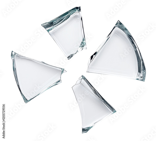 Broken glass pieces scattered on a surface.