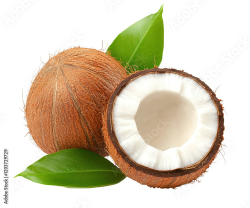 Fresh coconut with green leaves on white background. photo