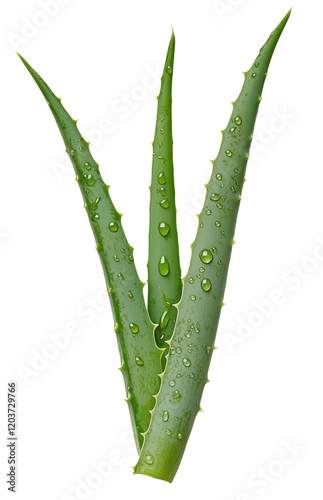 Fresh green aloe vera leaves with water droplets.