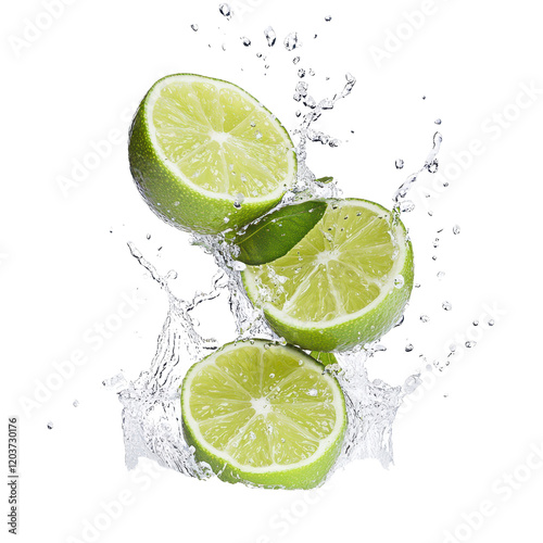 Fresh lime slices splashing in water.