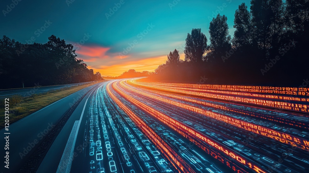 Highway road at sunset with digital data streams. Highway road at sunset with digital data streams.