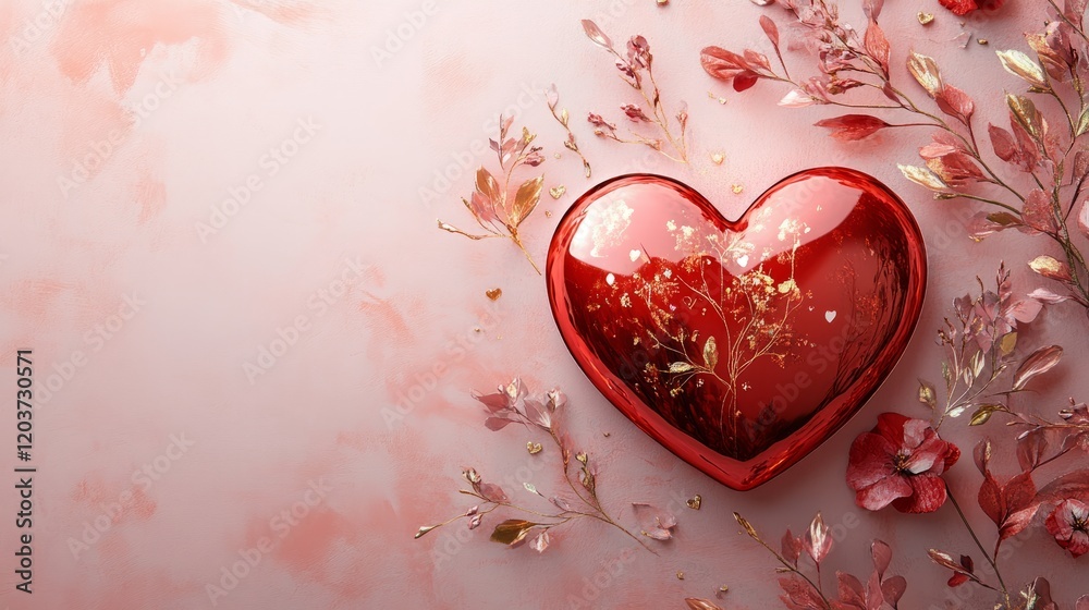 A Valentine's Day greeting card with a red heart on a soft pink background, decorated with gold accents and floral details