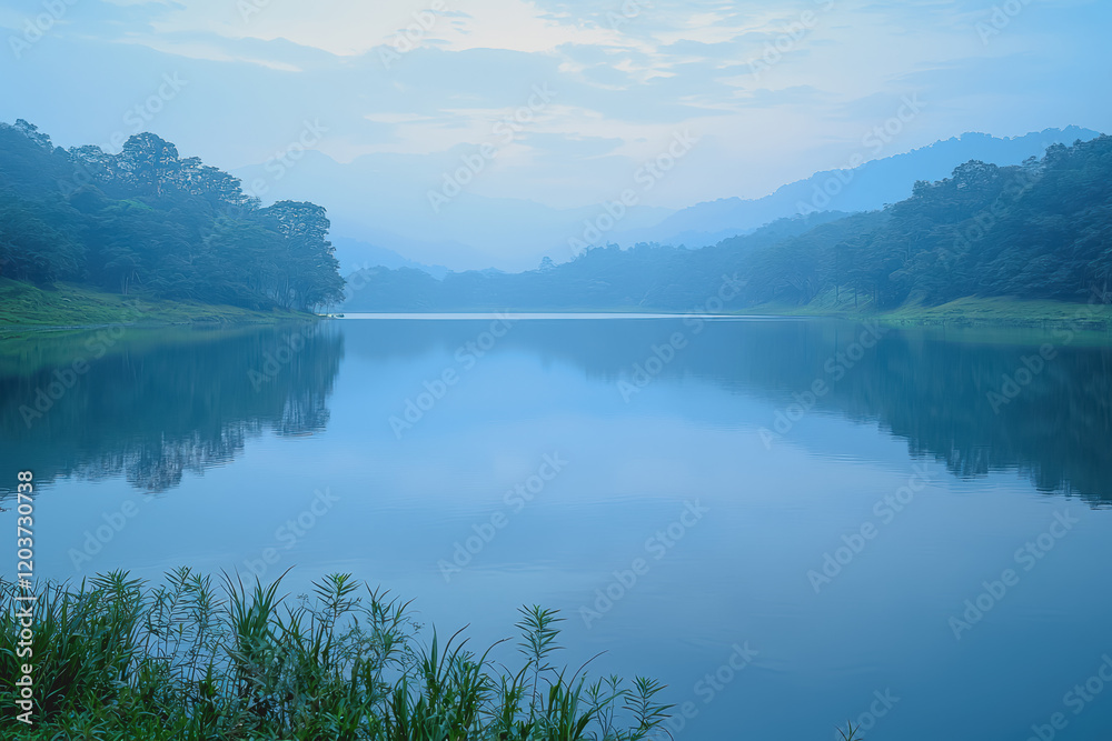Fototapeta premium Tranquil body of water surrounded by lush greenery reflecting the blue sky creating a picturesque natural landscape under bright sunlight for relaxation and peaceful ambiance
