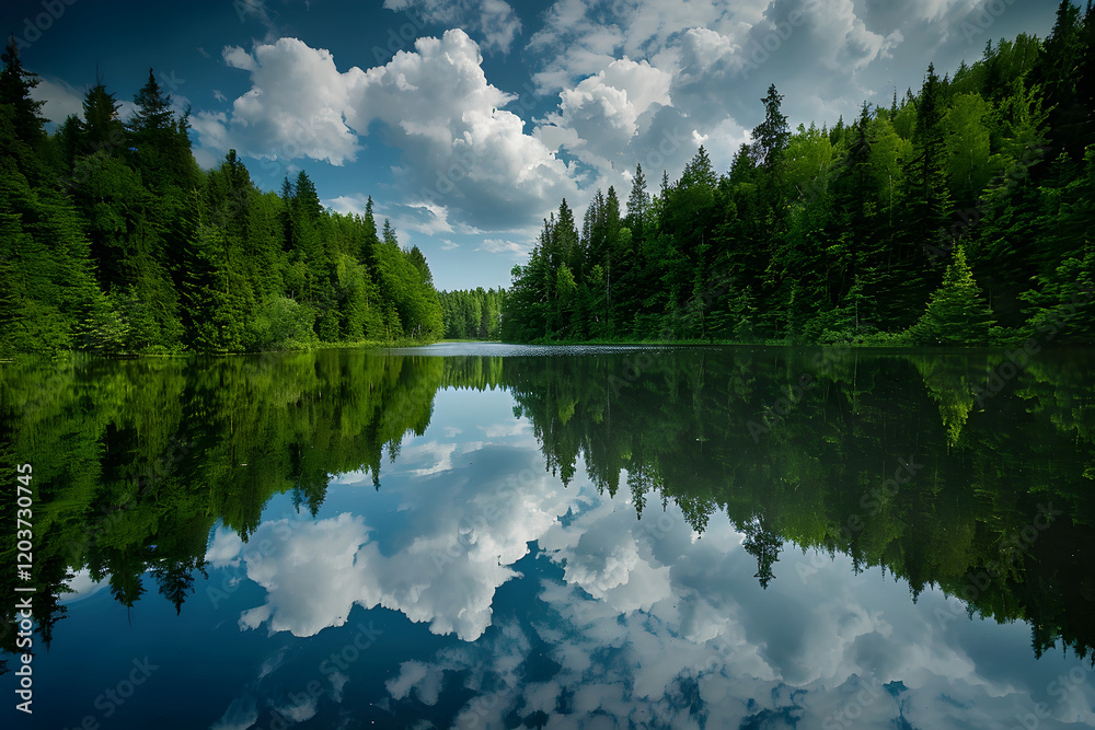 Dual Realities: The Perfect Mirror Lake Reflecting the Sky and Forest Dual Realities: The Perfect Mirror Lake Reflecting the Sky and Forest