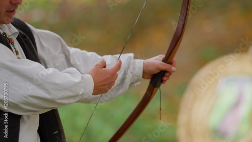 A man is holding a bow and arrow, preparing to shoot. The scene is set in a forest, with trees and bushes surrounding the man. Scene is calm and focused, as the man is concentrating on his aim