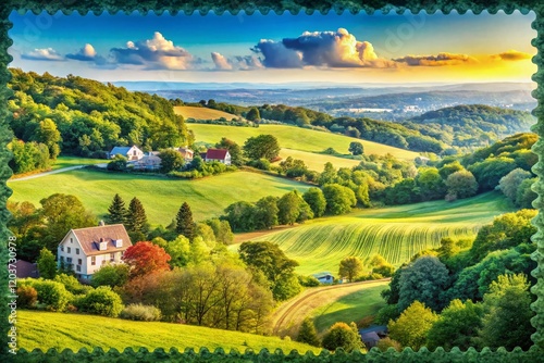 Hempstead, NY: Scenic Landscape with Vintage Stamps & Signs - Stock Photo photo