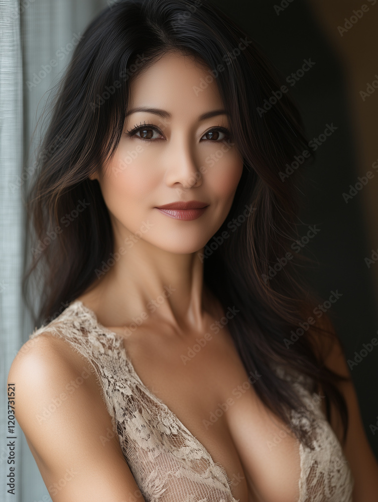 Radiant Woman In Lace Top Posing With A Soft Smile Radiant Woman In Lace Top Posing With A Soft Smile