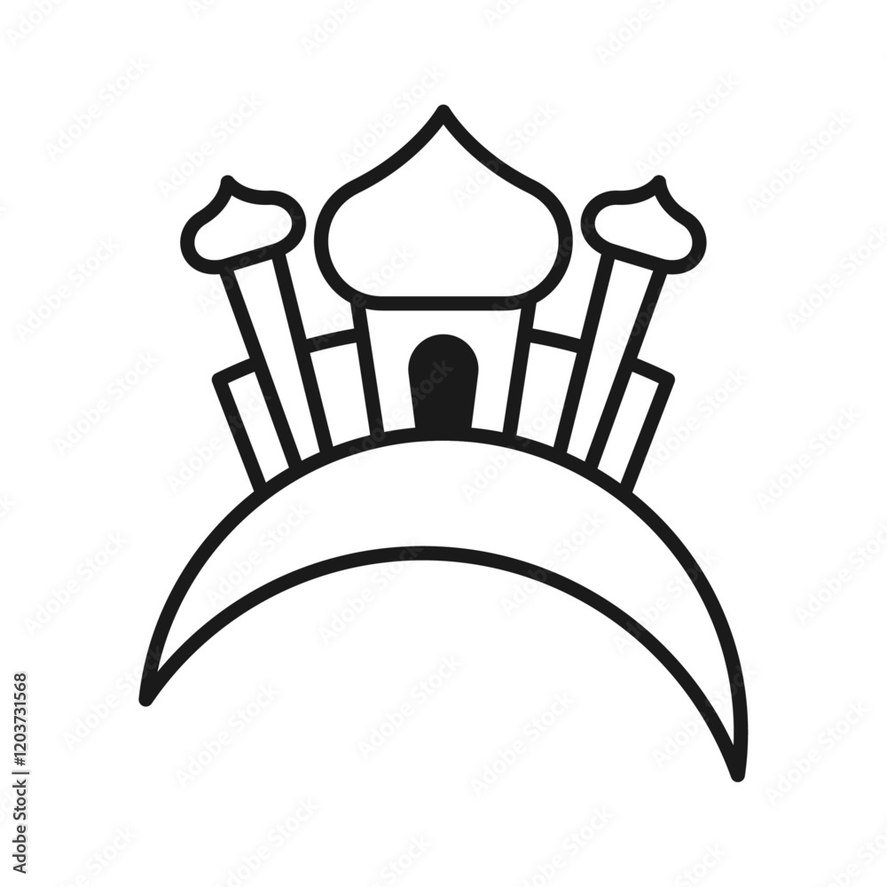 Mosque on crescent moon line icon on white background. Line. Outline. Flat design vector. Mosque on crescent moon line icon on white background. Line. Outline. Flat design vector.