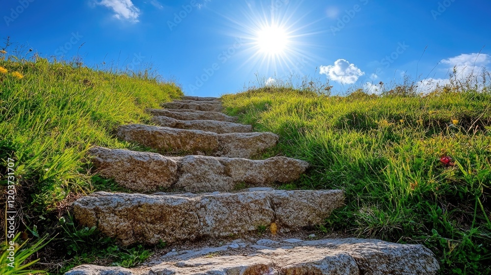 Sunny stairway through lush green grass leading to blue sky Sunny stairway through lush green grass leading to blue sky