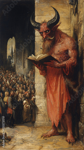 Artistic Depiction of a Horned Demon Reading a Scroll in a Dark and Dramatic Setting, Highlighting Fantasy and Mythological Themes photo