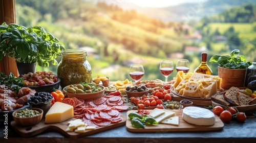 Rustic italian feast with cheeses, meats, and wine overlooking scenic countryside photo