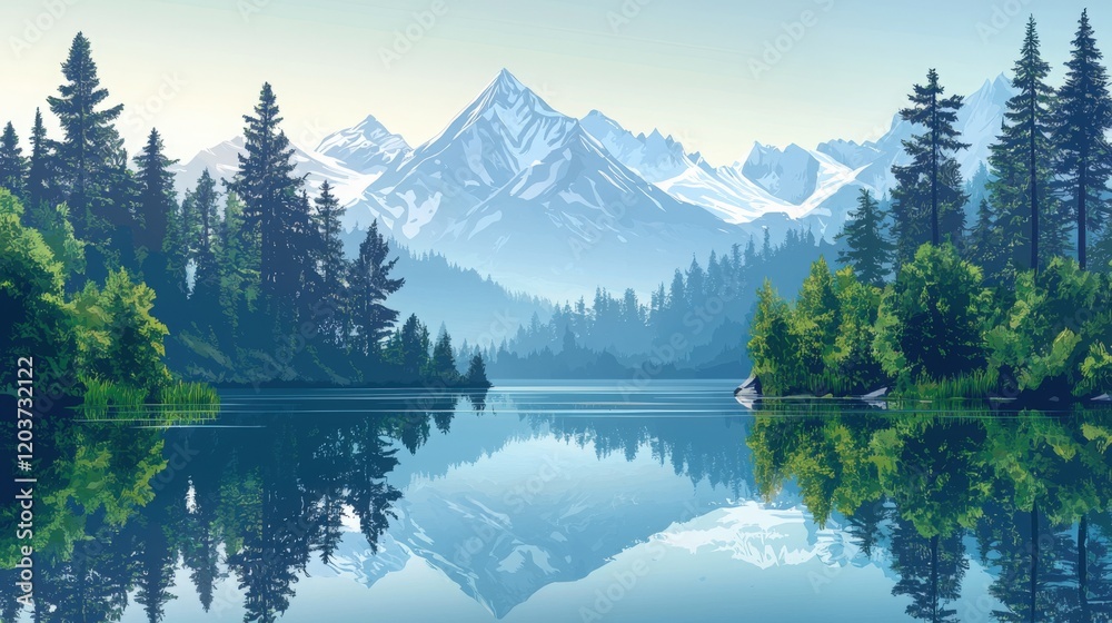 Naklejka premium Serene Lake Landscape Reflection with Mountains and Forest, Generated AI