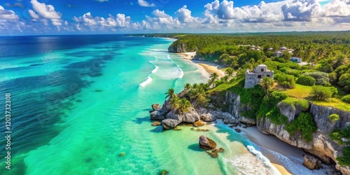 Stunning Aerial View of Boca Paila in Tulum, Showcasing Vibrant Turquoise Waters, Lush Greenery, and White Sandy Beaches for Travel and Nature Enthusiasts photo