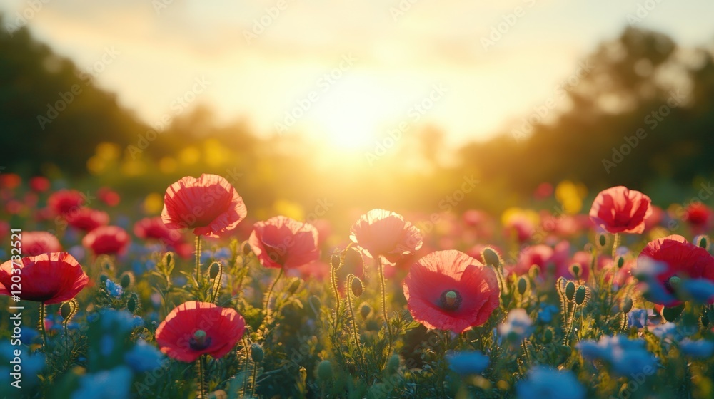 Obraz premium Bright sunlit meadow with vibrant red poppies and colorful wildflowers at sunrise. Memorial, Remembrance, Veterans, ANZAC Day - National Day of Remembrance, Military Honor Day, Armed Forces Memorial