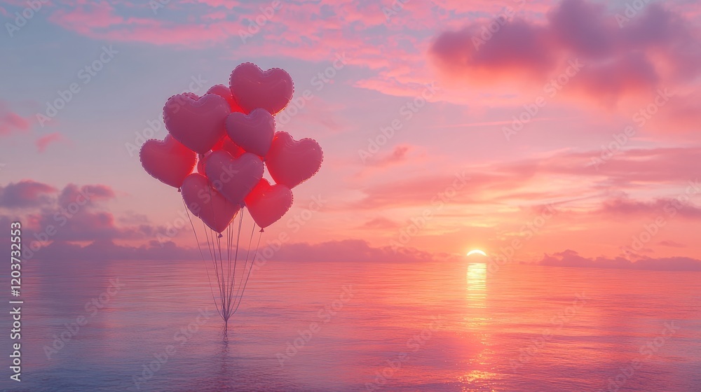 Fototapeta premium A Valentine's Day heart-shaped balloon bouquet, with balloons floating in a soft breeze against a pink sunset sky