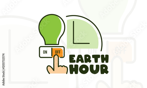 Earth Hour. Icon of hand turning off the light. Clock. Doodle. Line. Outline. Poster, banner, card, background.