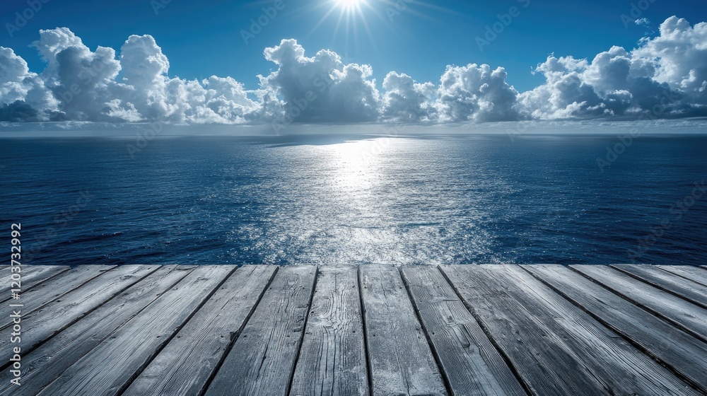 Sunlit ocean view from wooden deck with dramatic clouds Sunlit ocean view from wooden deck with dramatic clouds