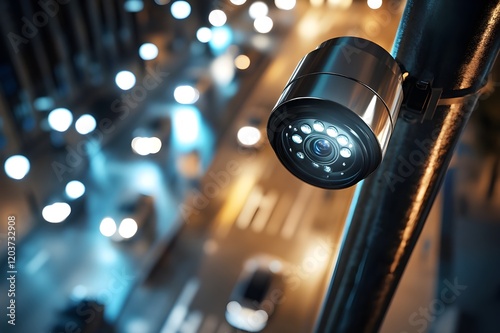 Realistic wall mounted CCTV camera on the street, sleek modern design with metal finish, surrounded by subtle lighting, capturing a high-tech and safe atmosphere