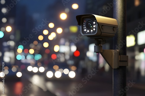 Realistic wall mounted CCTV camera on the street, sleek modern design with metal finish, surrounded by subtle lighting, capturing a high-tech and safe atmosphere