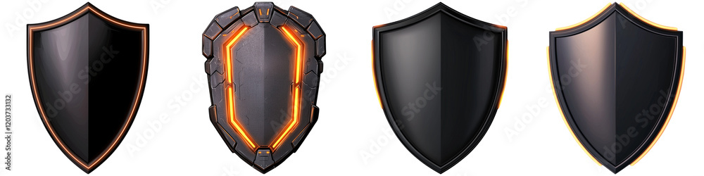 Cyber security and sleek, The image showcases four distinct shield designs, each featuring unique shapes and textures, with varying colors and accents. Cyber security and sleek, The image showcases four distinct shield designs, each featuring unique shapes and textures, with varying colors and accents.