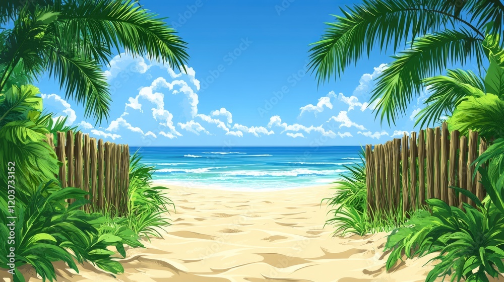 Obraz premium Tropical beach entrance with palm trees and blue ocean under clear sky